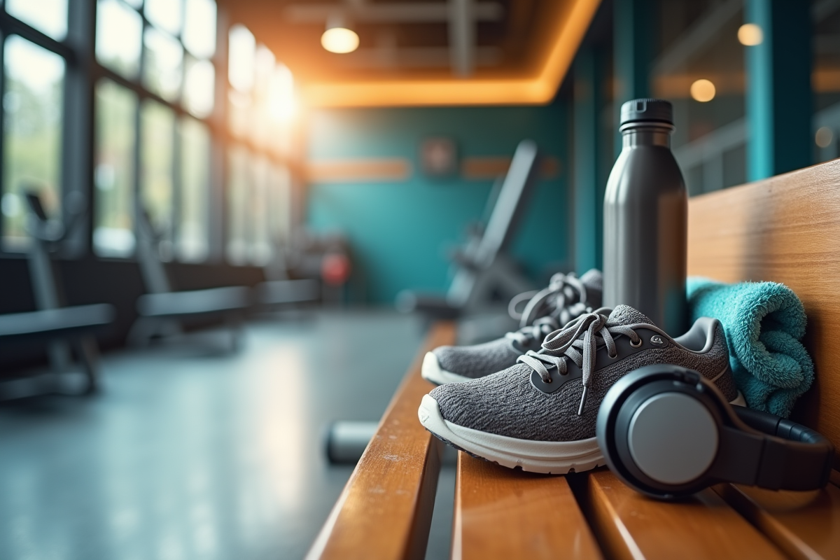 Accessoires de sport femme sur un banc en salle de sport