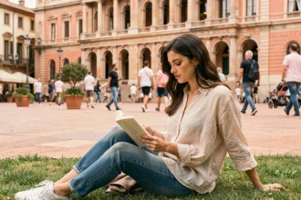 Jeune femme lisant un livre sur la place du Capitole à Toulouse un weekend ensoleillé