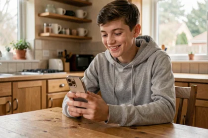 Adolescent utilisant un iPhone 16e à la table de la cuisine familiale, parfait premier smartphone pour un ado