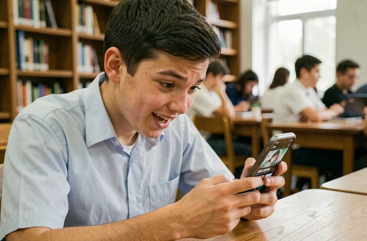 Adolescent lisant un scan de Solo Leveling sur smartphone dans une bibliothèque scolaire