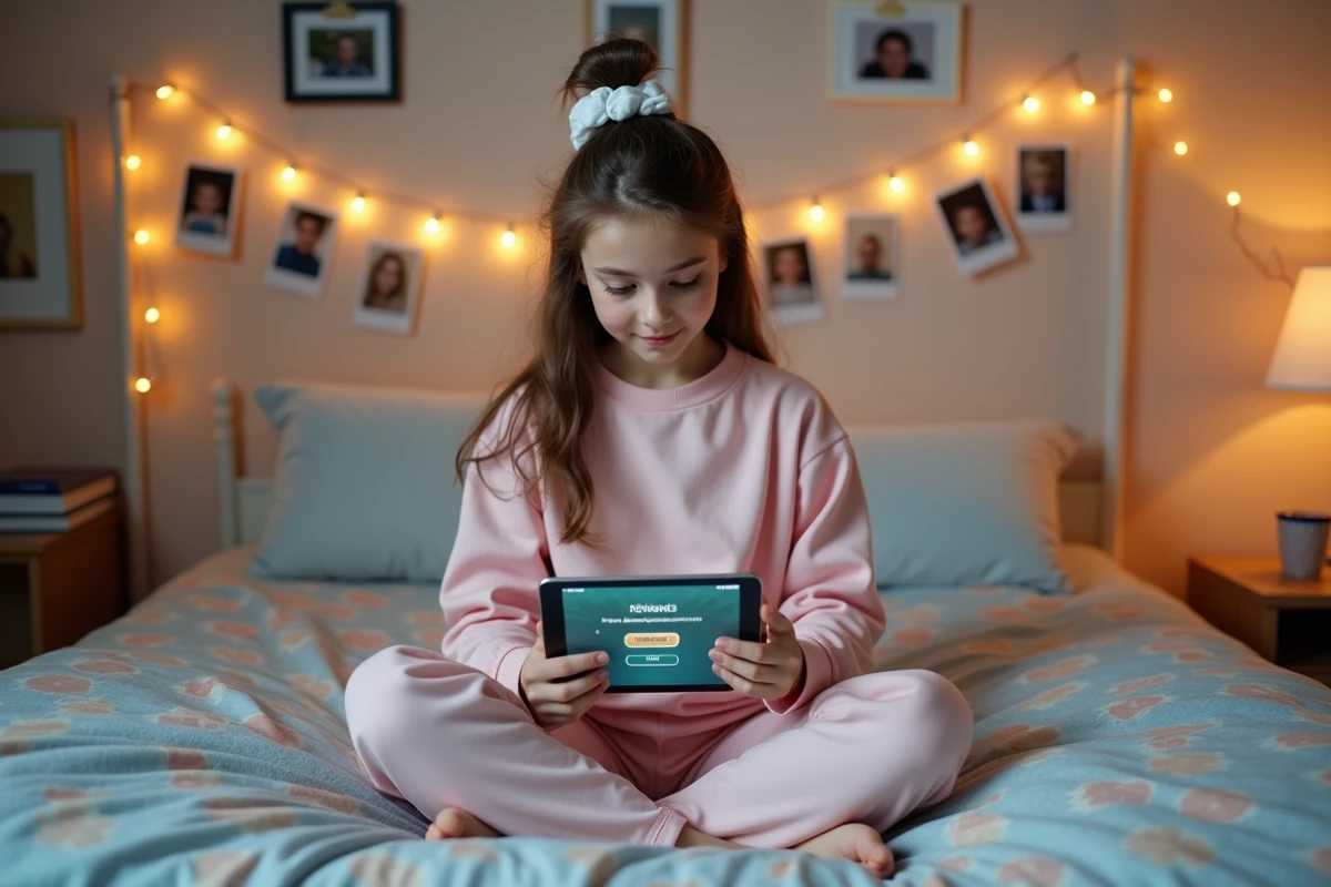 Adolescente utilisant une tablette pour entrer un code de rachat Chapters et avancer dans l'histoire sans achats