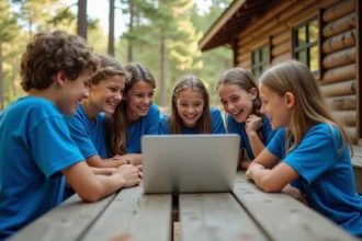 Groupe d'adolescents en colonie de vacances regardant ensemble un blog sur un ordinateur portable autour d'une table en bois