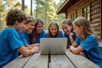 Groupe d'adolescents en colonie de vacances regardant ensemble un blog sur un ordinateur portable autour d'une table en bois