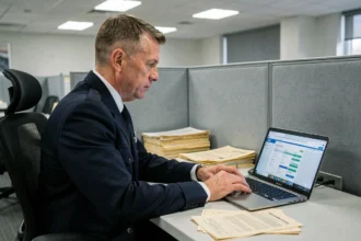 Agent des douanes effectuant la transition du traitement papier vers le portail numérique ProDouane sur son poste de travail