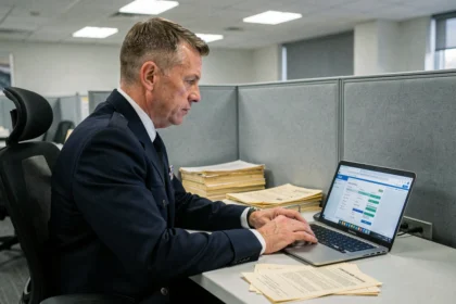 Agent des douanes effectuant la transition du traitement papier vers le portail numérique ProDouane sur son poste de travail