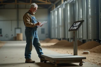 Agriculteur pesant des sacs de céréales sur une balance industrielle dans un hangar agricole
