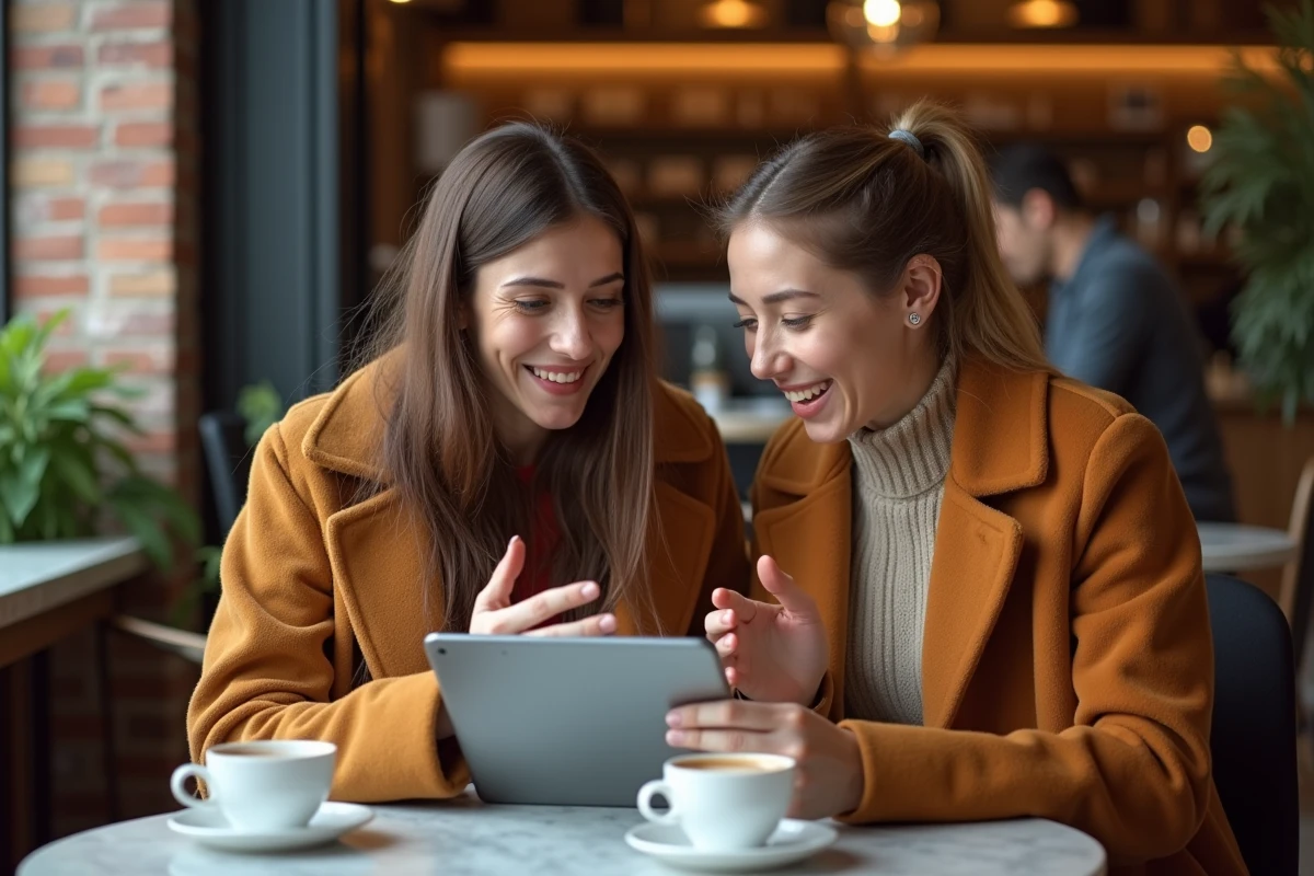 Deux amies partageant des bons plans sur une tablette attablées dans un café chaleureux en automne