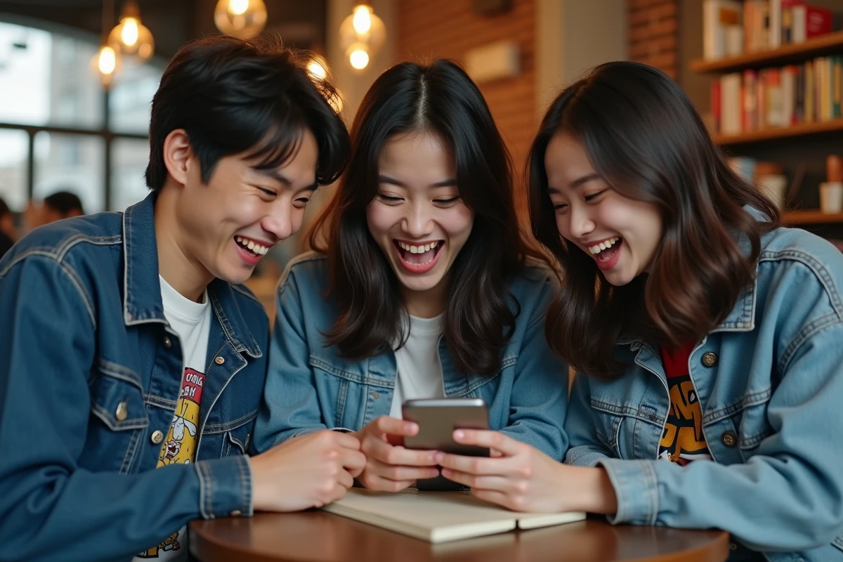 Groupe d'amis réagissant ensemble à la lecture du scan One Piece 1155 dans un café