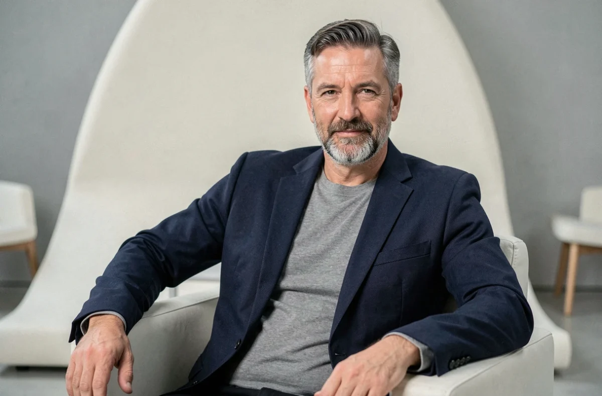 Portrait d'un animateur télévisé charismatique dans un studio moderne, regard direct et posture assurée, ambiance éditoriale