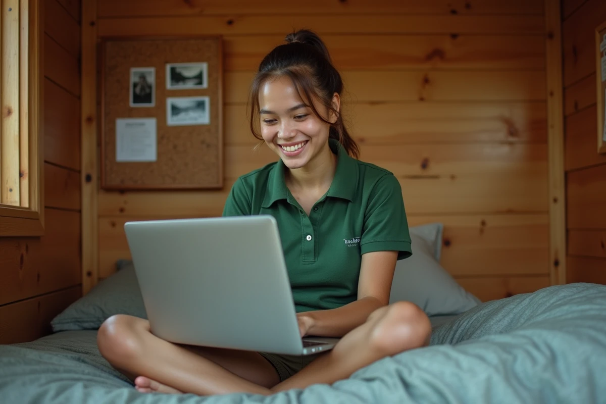 Animatrice de colonie de vacances rédigeant un article de blog depuis l'intérieur d'un chalet en bois