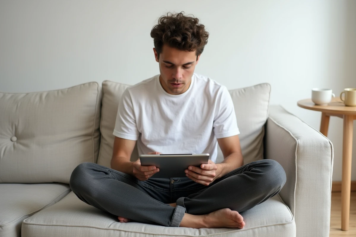 Jeune adulte utilisant une application de calcul de durée entre deux dates sur une tablette dans un salon minimaliste