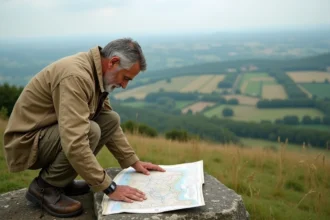 Archéologue étudiant une carte topographique sur le plateau d'Alésia en Bourgogne, paysage de collines en arrière-plan