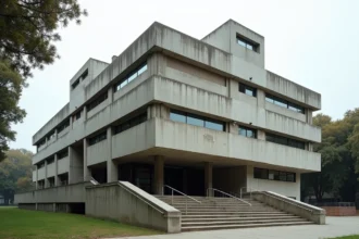 Façade brutaliste en béton brut d'un bâtiment d'architecture Marcel Breuer avec formes en porte-à-faux et fenêtres en ruban