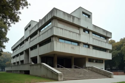 Façade brutaliste en béton brut d'un bâtiment d'architecture Marcel Breuer avec formes en porte-à-faux et fenêtres en ruban