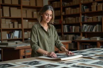 Archiviste manipulant des tirages photographiques anciens dans une salle d'archives documentaires
