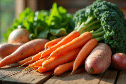Assortiment de légumes riches en vitamine A sur une table en bois