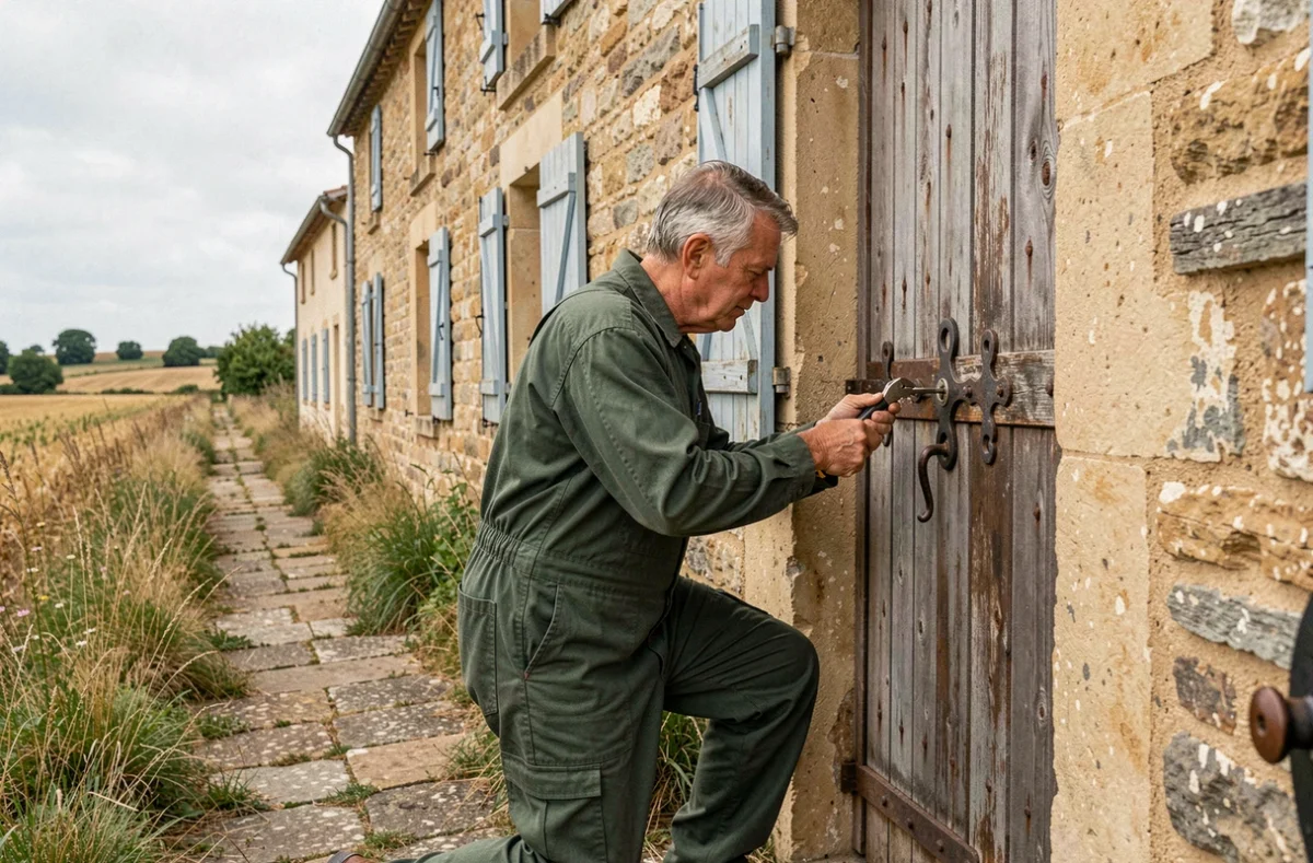 Serrurier ATD Serrurerie réparant une serrure ancienne sur une ferme en pierre en Loir-et-Cher