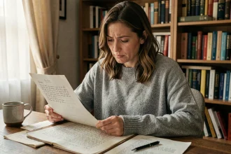 Auteure en pull gris relisant et corrigeant un manuscrit imprimé posé sur un bureau en bois, entourée de pages annotées et de livres