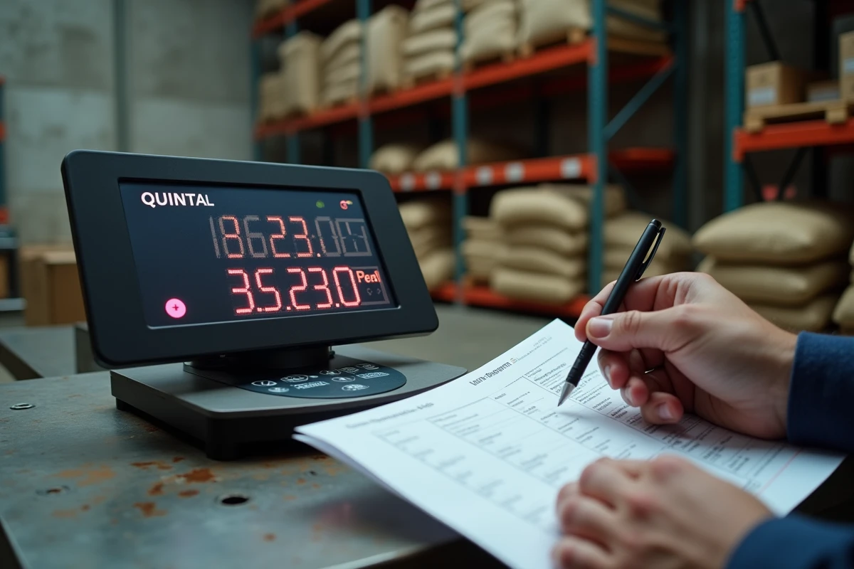 Gros plan sur un écran de balance numérique affichant un poids en quintaux avec tableau de conversion