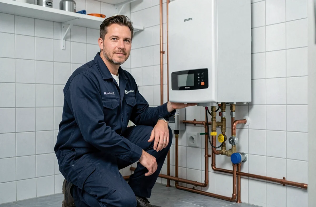 Technicien chauffagiste de Bigorre Innovation Chauffage installant une chaudière à condensation moderne dans une maison de Tarbes