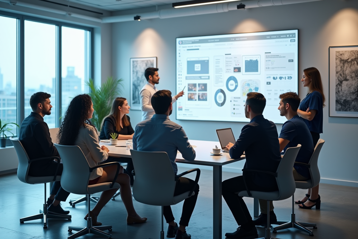 Groupe en brainstorming avec tableau blanc digital dans une salle lumineuse