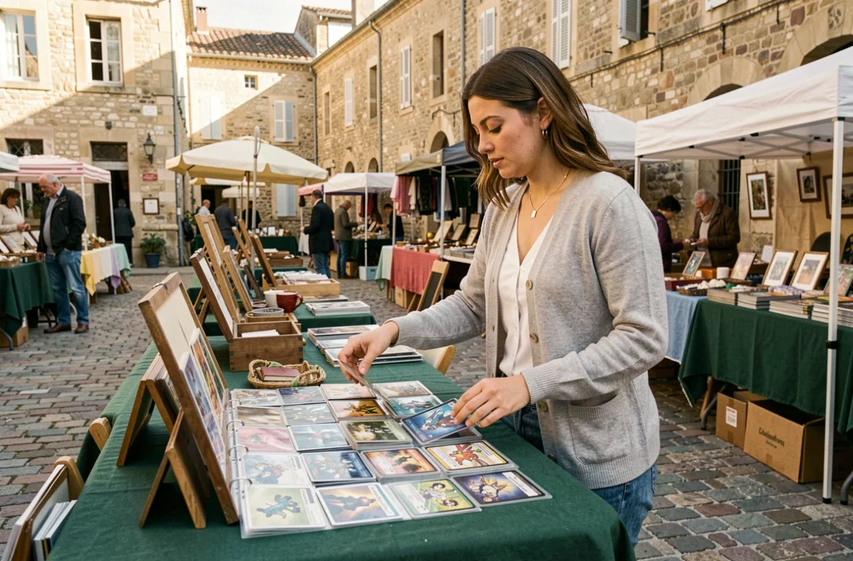 Femme examinant des cartes Pokémon individuelles sur un stand de brocante en France