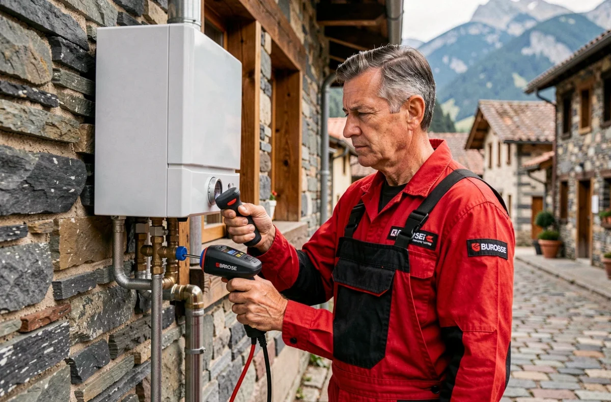 Chauffagiste Burosse inspectant une chaudière à gaz sur le mur extérieur d'une maison de village pyrénéen