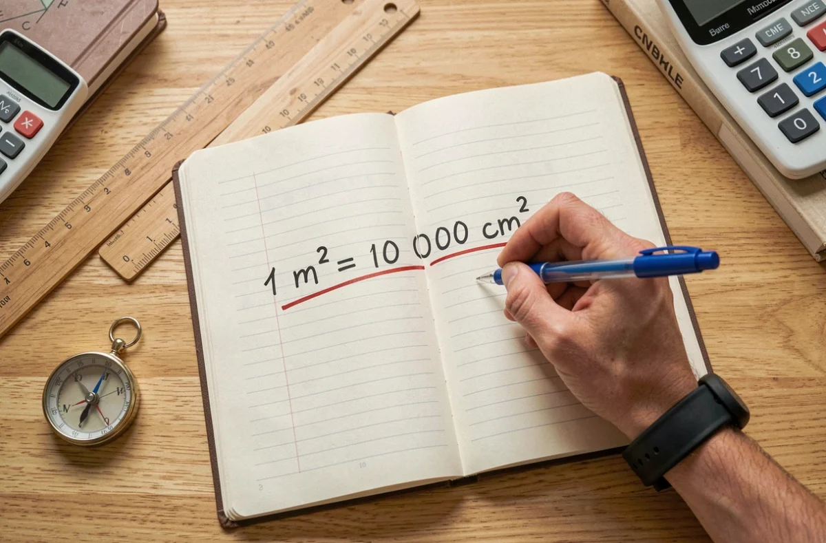 Vue de dessus d'un cahier scolaire avec la formule de conversion mètre carré en centimètre carré écrite à la main, entouré de matériel scolaire