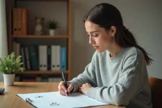Femme calculant le temps entre deux dates sur un calendrier papier dans un bureau à domicile