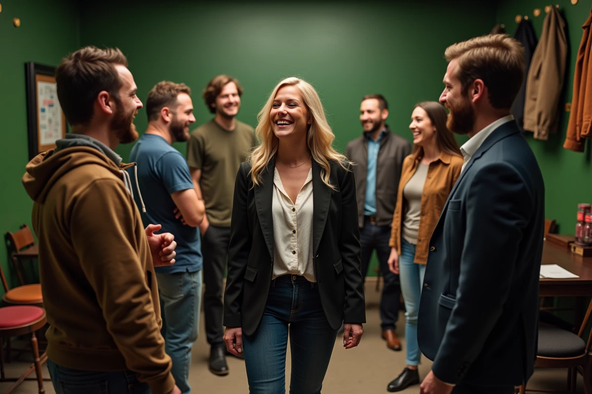 Comédiens en coulisses partageant un moment de rire