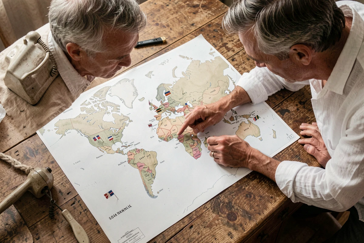 Carte du monde avec épingles de drapeaux européens et téléphone vintage sur table en bois
