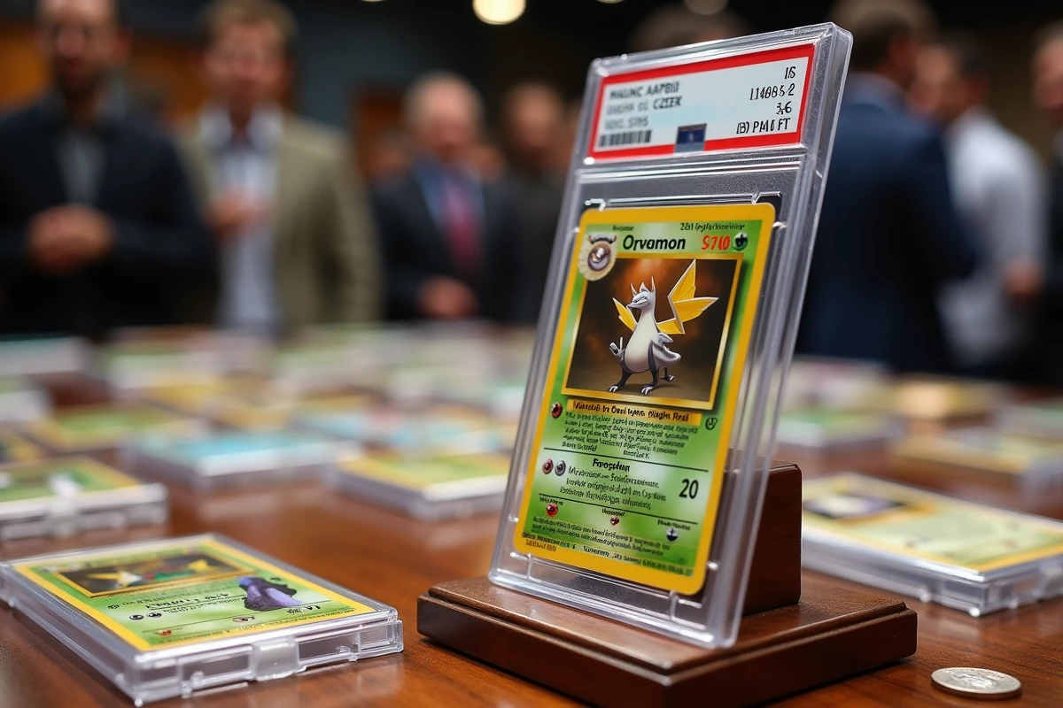 Cartes Pokémon rares certifiées PSA exposées sur une table en bois lors d'un salon de collection