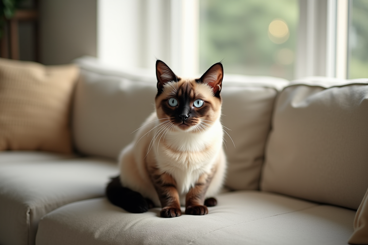 Chat siamois sur un canapé dans un salon lumineux