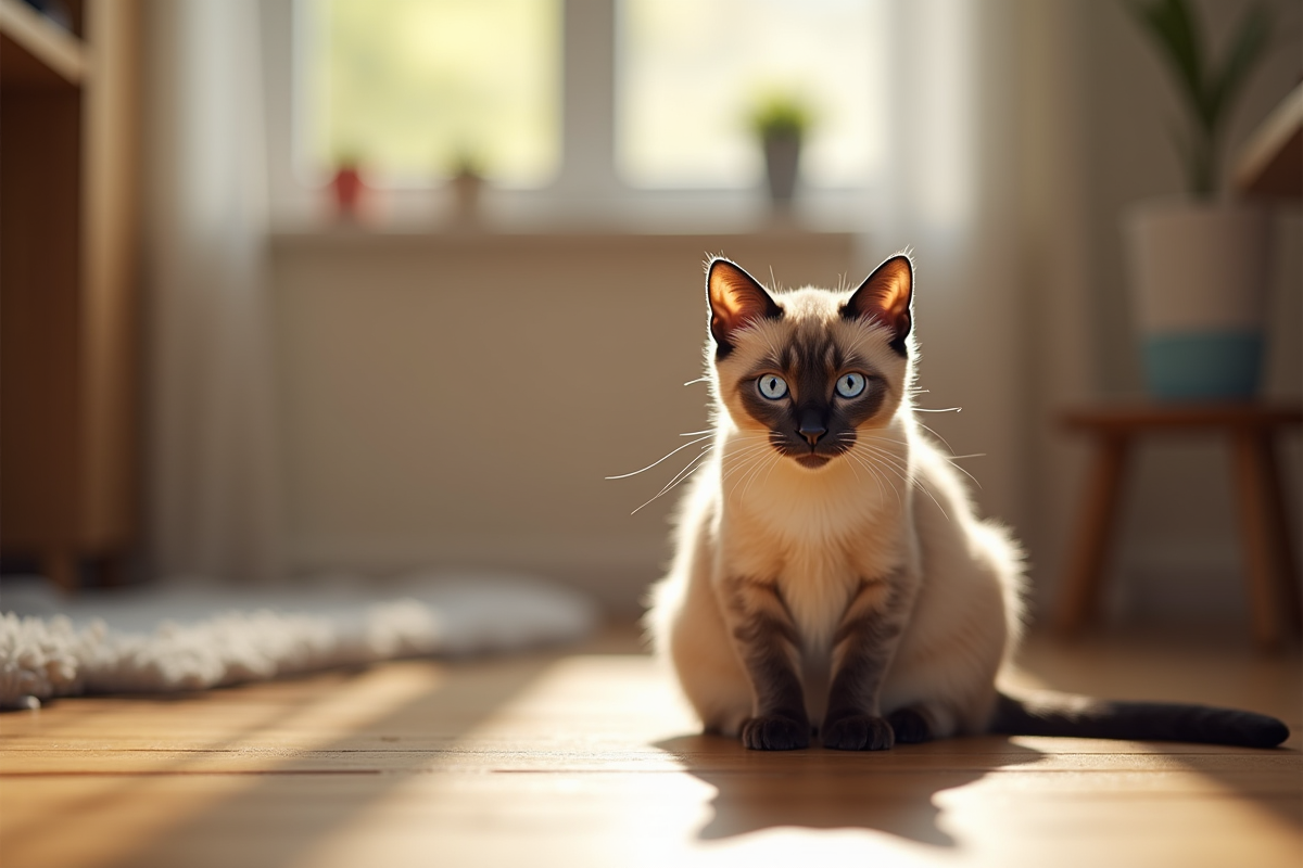Chat siamois aux yeux bleus sur un sol en bois ensoleille