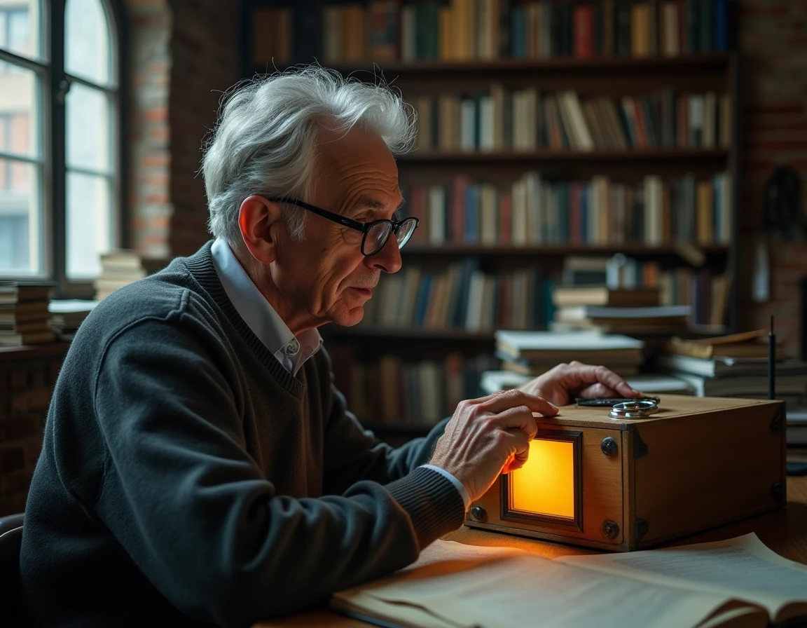 Chercheur examinant des négatifs sur plaque de verre dans une bibliothèque photographique historique