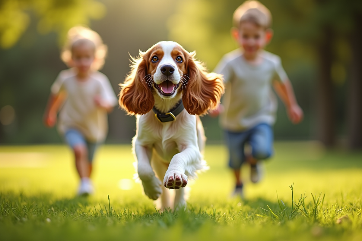 Cocker spaniel joyeux courant avec enfants en plein air