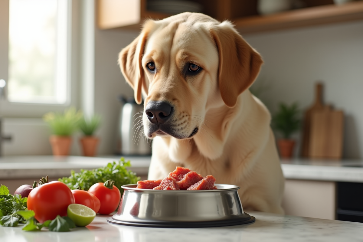 Labrador retriever assis dans une cuisine lumineuse regardant un bol de légumes