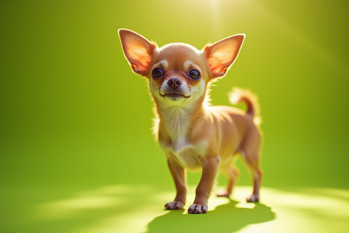 Chihuahua en tasse debout sur un sol vert au matin