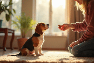 Chiot beagle assis attentivement dans un salon lumineux