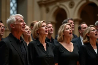 Chorale française chantant La Marseillaise dans une salle de concert historique aux ornements classiques