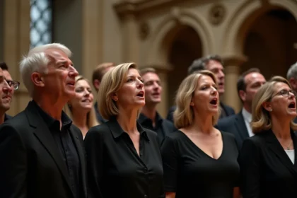 Chorale française chantant La Marseillaise dans une salle de concert historique aux ornements classiques