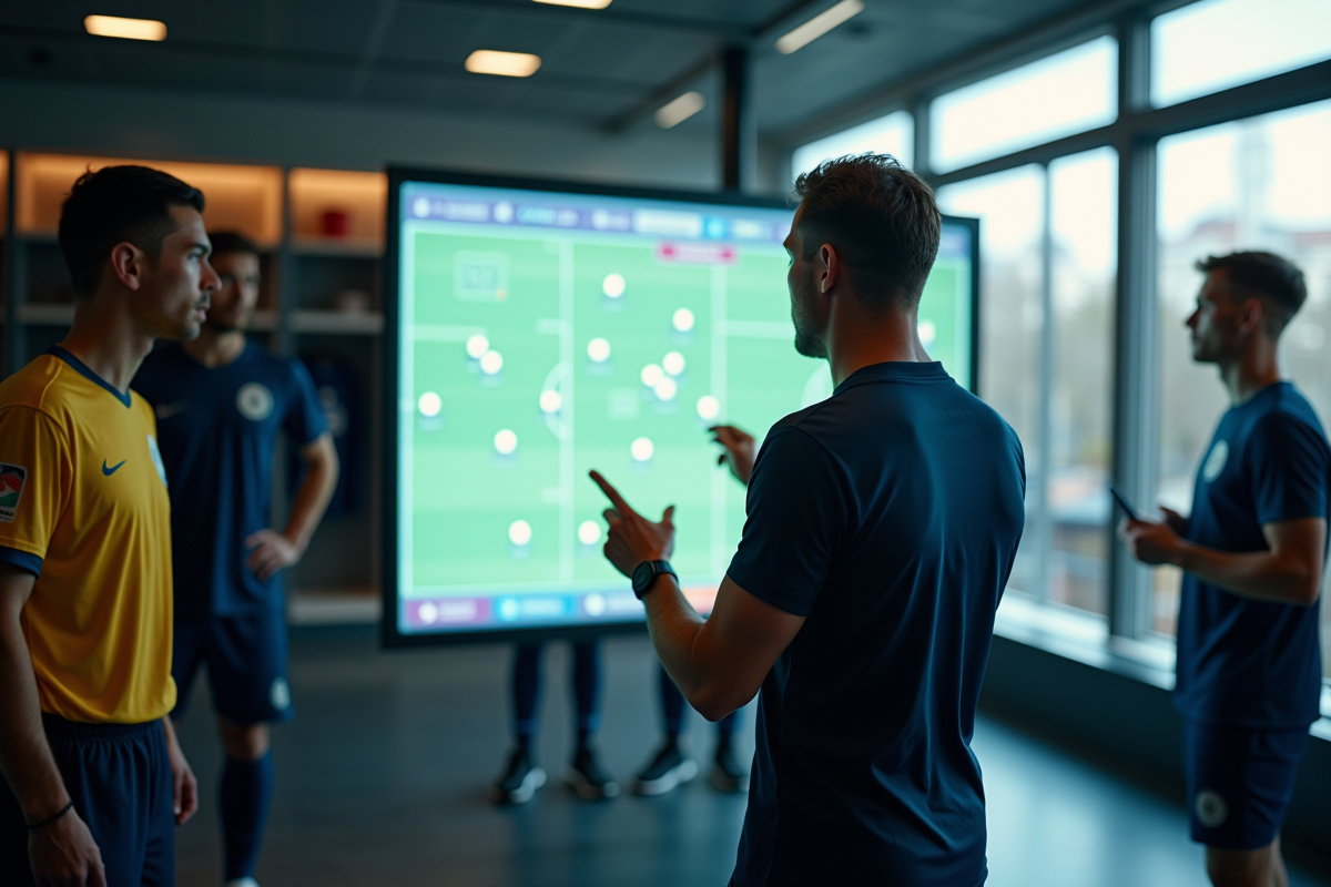 Entraîneur du Lens analyse la performance avec un tableau tactique