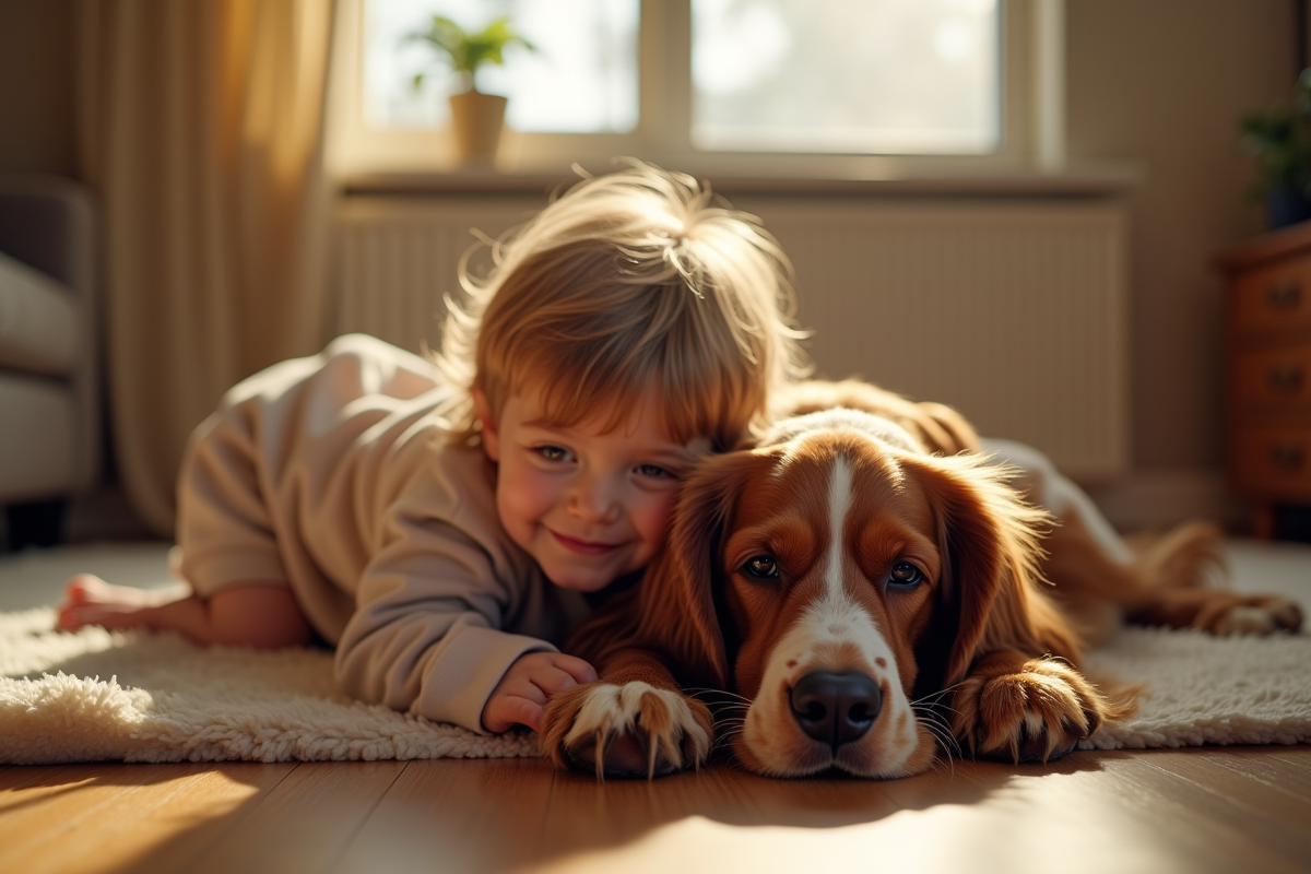 Cocker spaniel calme avec enfant qui le serre dans ses bras