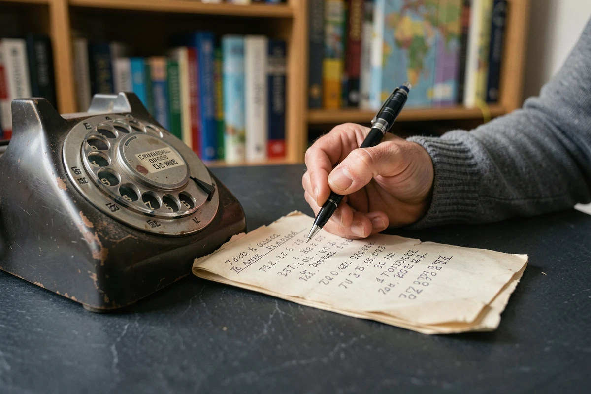 Gros plan d'un bloc-notes avec codes pays internationaux et téléphone à cadran vintage