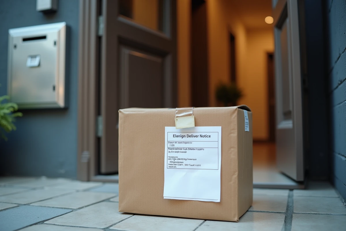Colis bloqué déposé devant une porte d'entrée avec un avis de passage indiquant un numéro de téléphone à rappeler