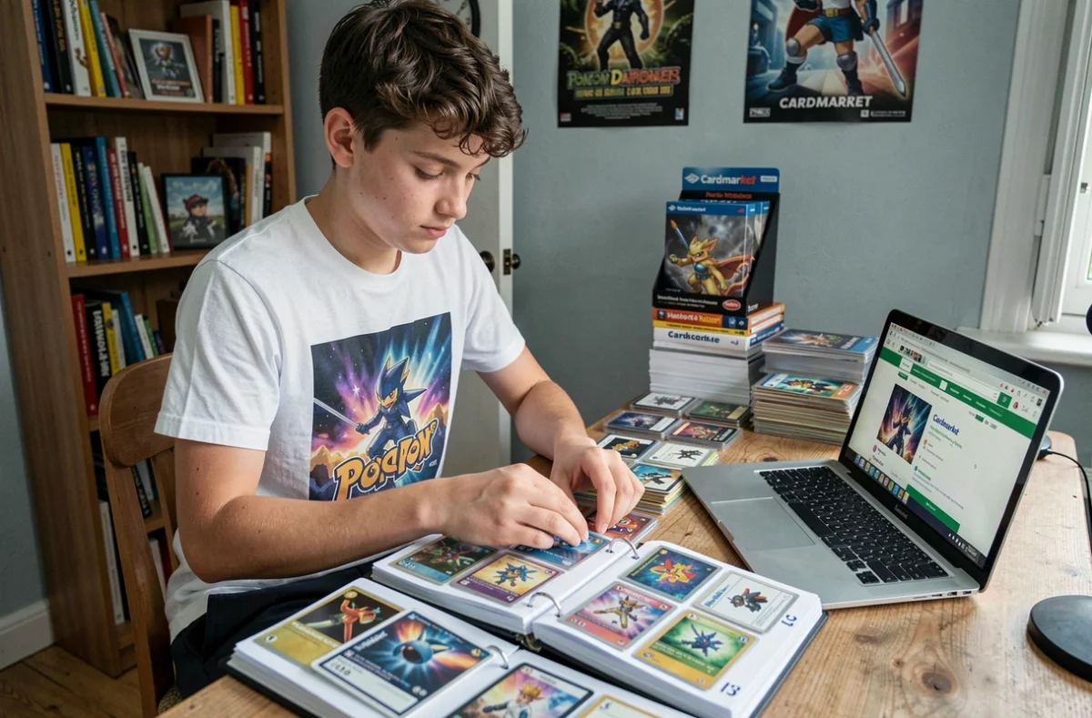 Adolescent organisant sa collection de cartes Pokémon dans sa chambre avec un classeur et un ordinateur