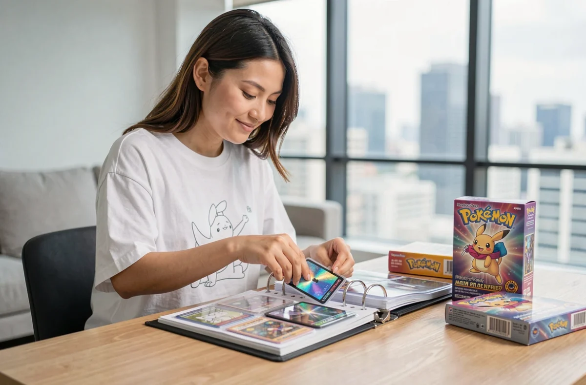 Jeune femme rangeant et organisant sa collection de cartes Pokémon édition 2026 dans un classeur dans un appartement moderne