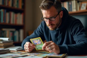 Collectionneur adulte examinant une rare carte Pokémon holographique avec une loupe dans son bureau