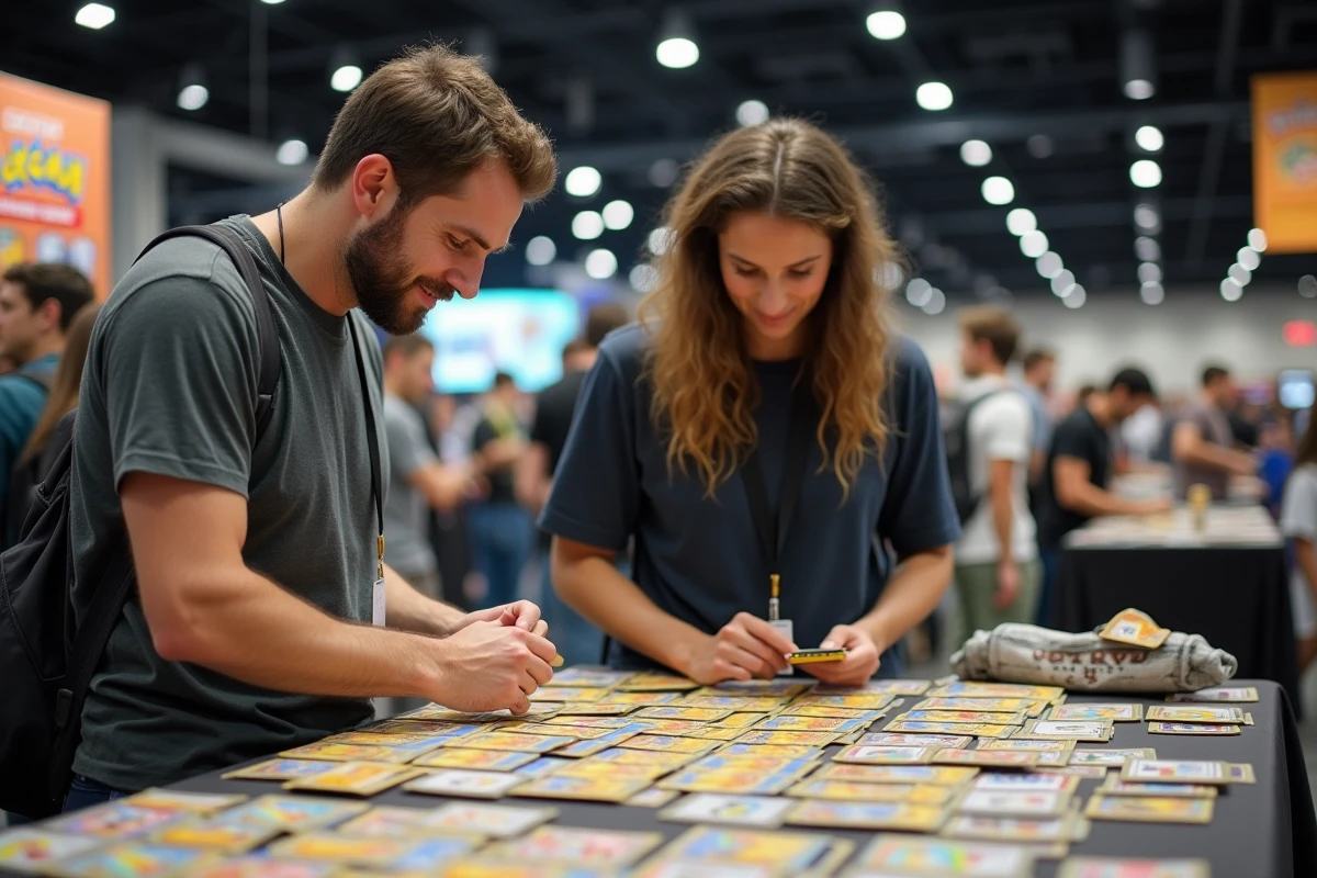Deux collectionneurs adultes inspectant des cartes Pokémon gradées sur un stand de marché de cartes à collectionner
