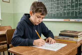 Collégien travaillant sur un exercice de conversion de mètres carrés en centimètres carrés à son bureau en classe